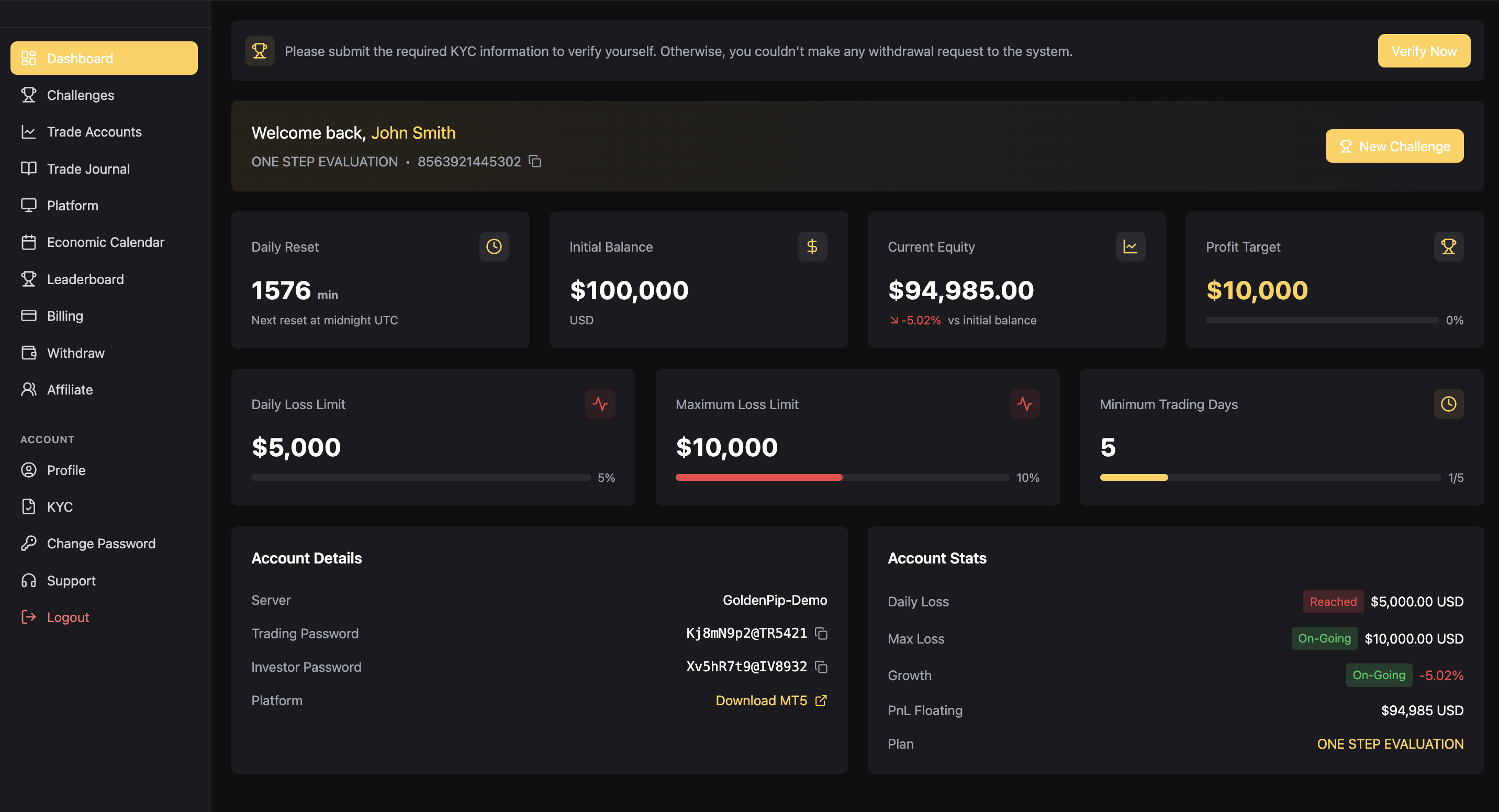 Prop Trading Platform Dashboard